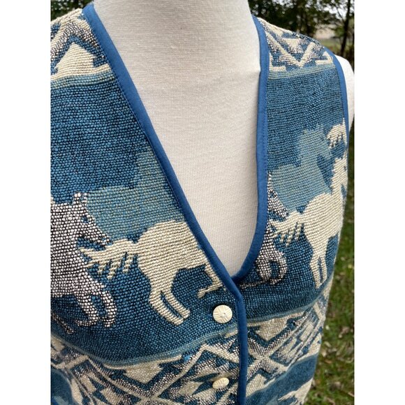 Vintage Keren Hart Tapestry Vest L Horse Pattern Blue Cotton Western Style - Picture 11 of 12